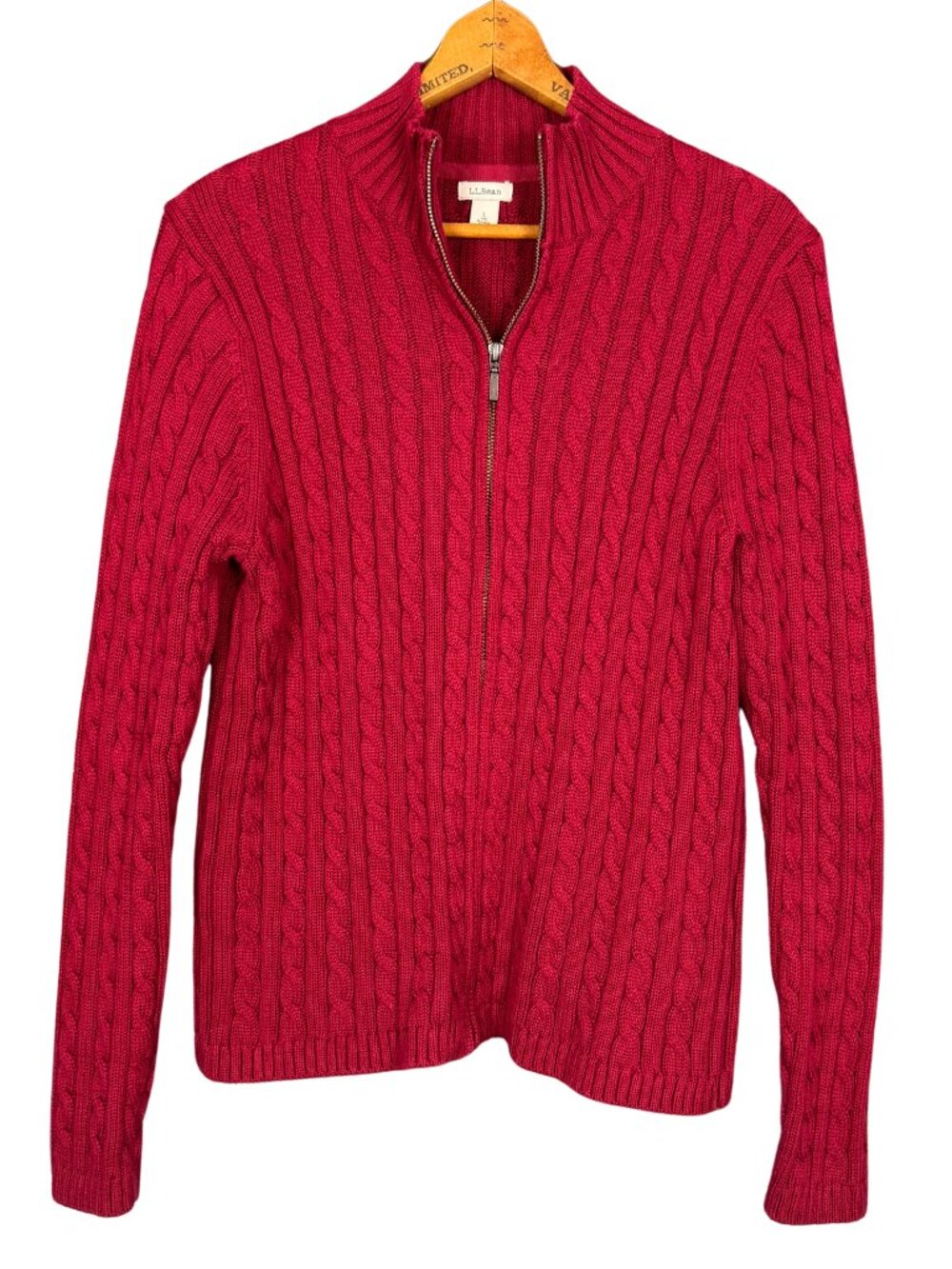 L.L.Bean Red Cable Knit Zip Cardigan Women’s Large Cotton Classic Preppy Sweater